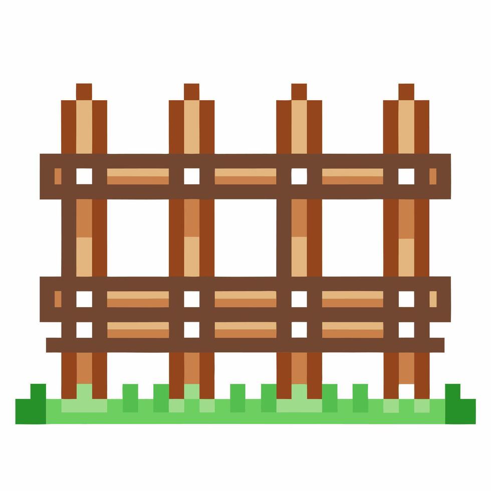 Pixel Art Wooden Fence Icon on Grass Block Retro Gaming Graphics for Digital Art and Game Design vector