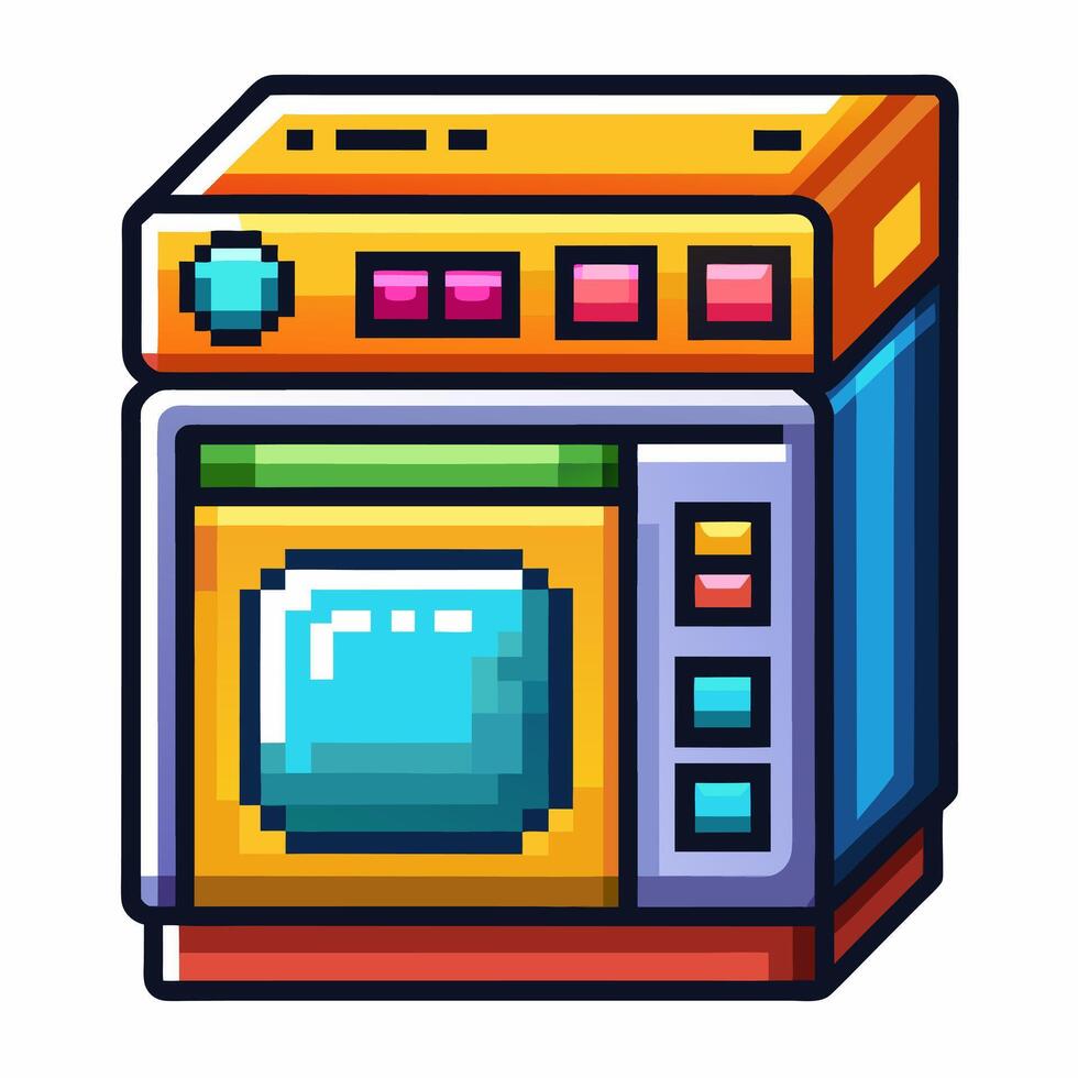 Retro Pixel Art Washing Machine Icon with Bright Colors and Bold Outlines vector