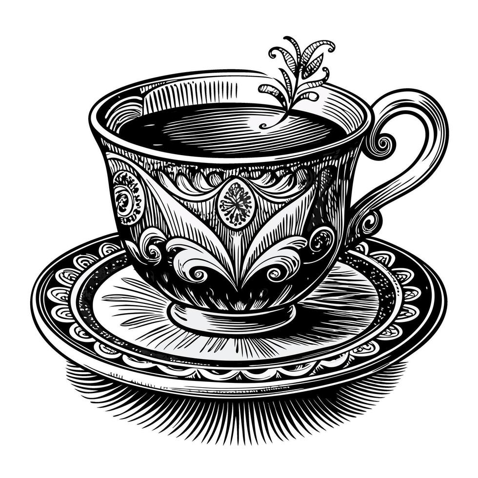 A cup with a flower on top sits on a plate vector