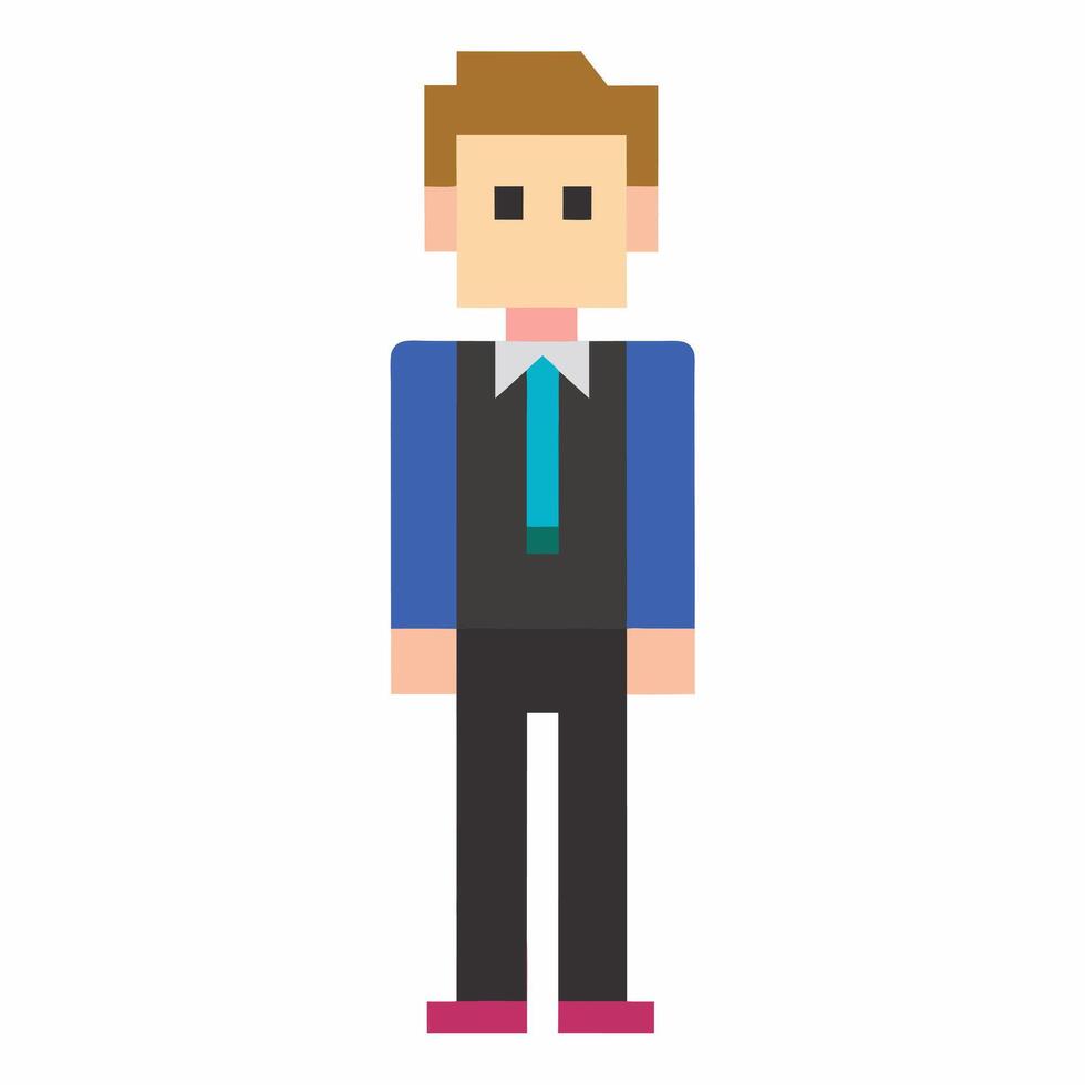 Pixel Art Man Character in Business Attire with Tie and Suit, Isolated on White Background vector