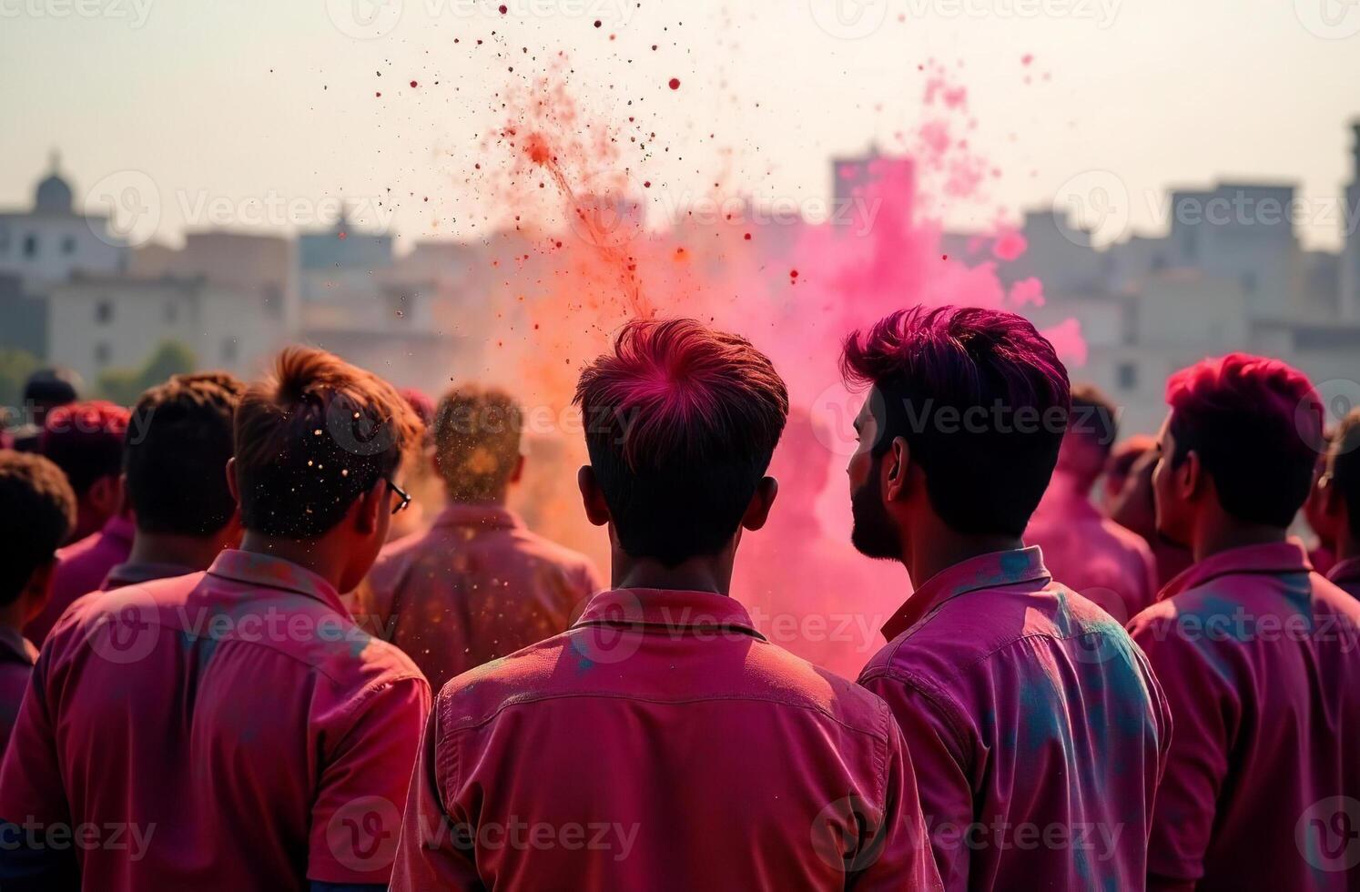 People in splash multicolored holi paint Indian spring festival lush photo