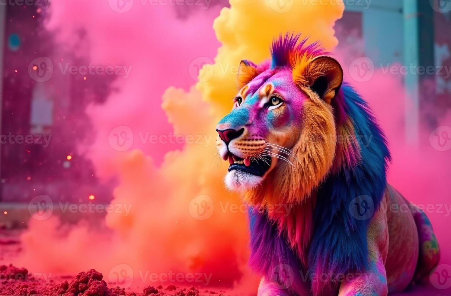 Animal lion sprayed colorful colors holi, bright Indian spring festival photo
