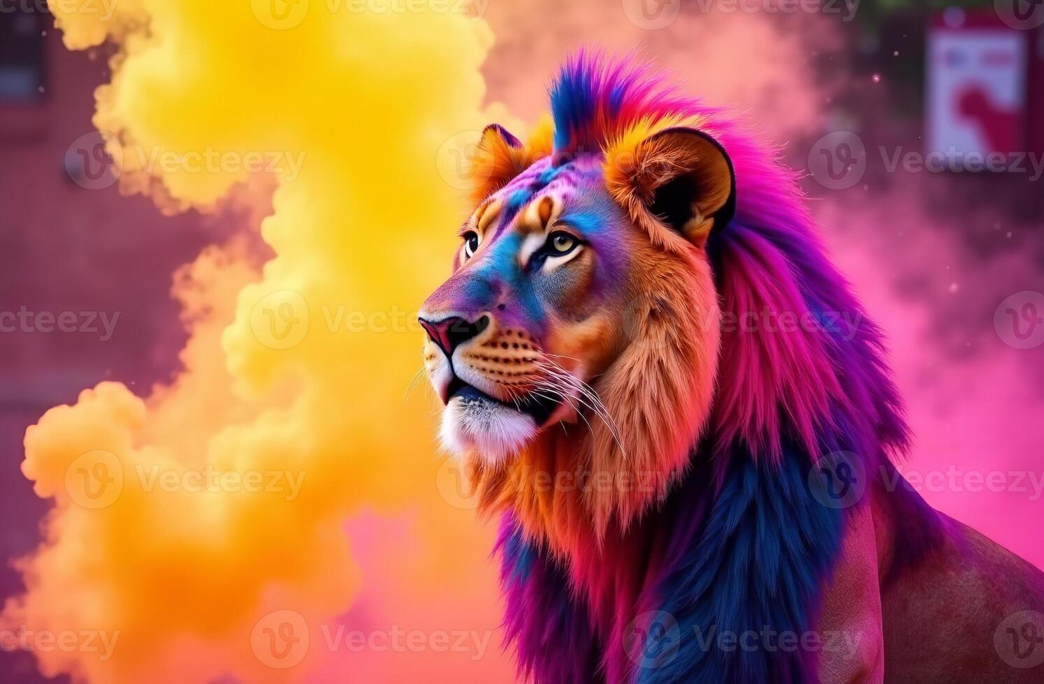 Animal bright lion sprayed colorful colors holi, Indian spring festival photo