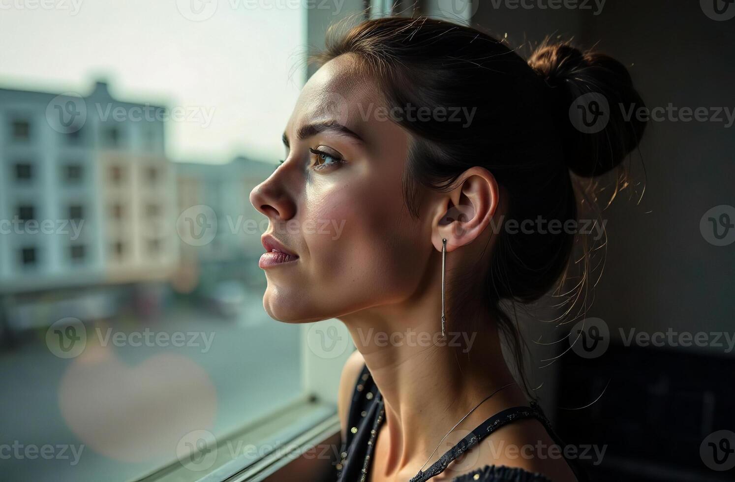 Large portrait of young smiling beautiful woman, female image cosy photo