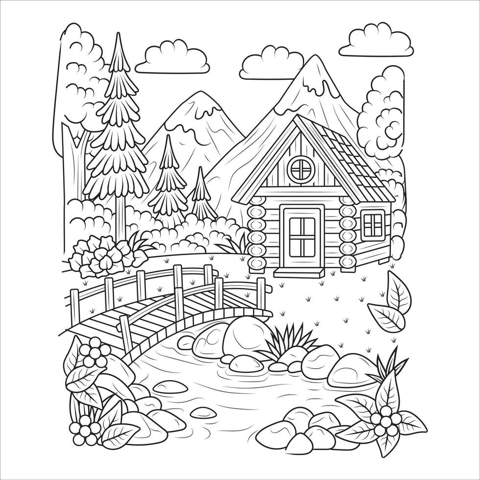 Cozy Cabin in the Mountains Coloring Page vector