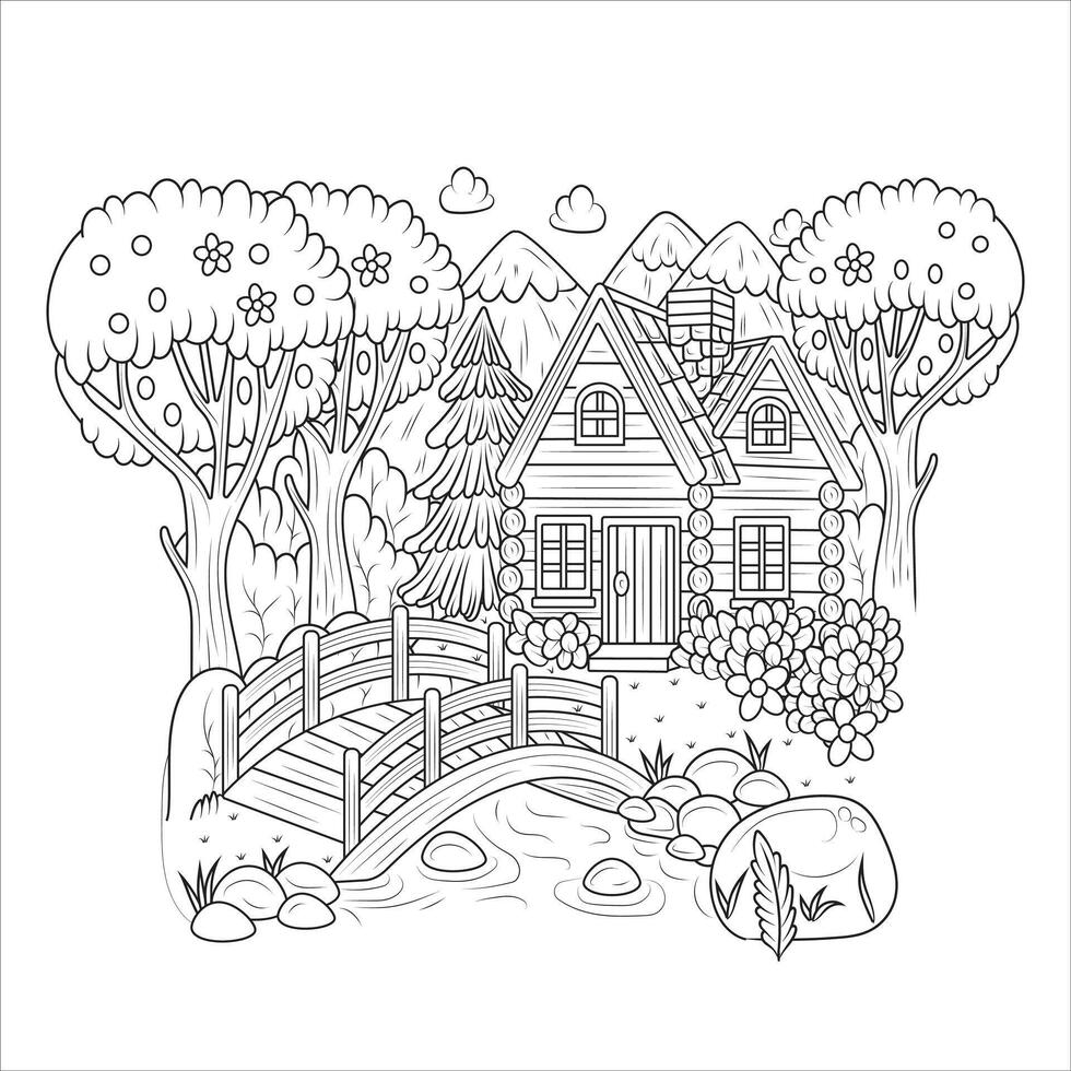 Cozy Log Cabin with Wooden Bridge in a Forest Coloring Page vector