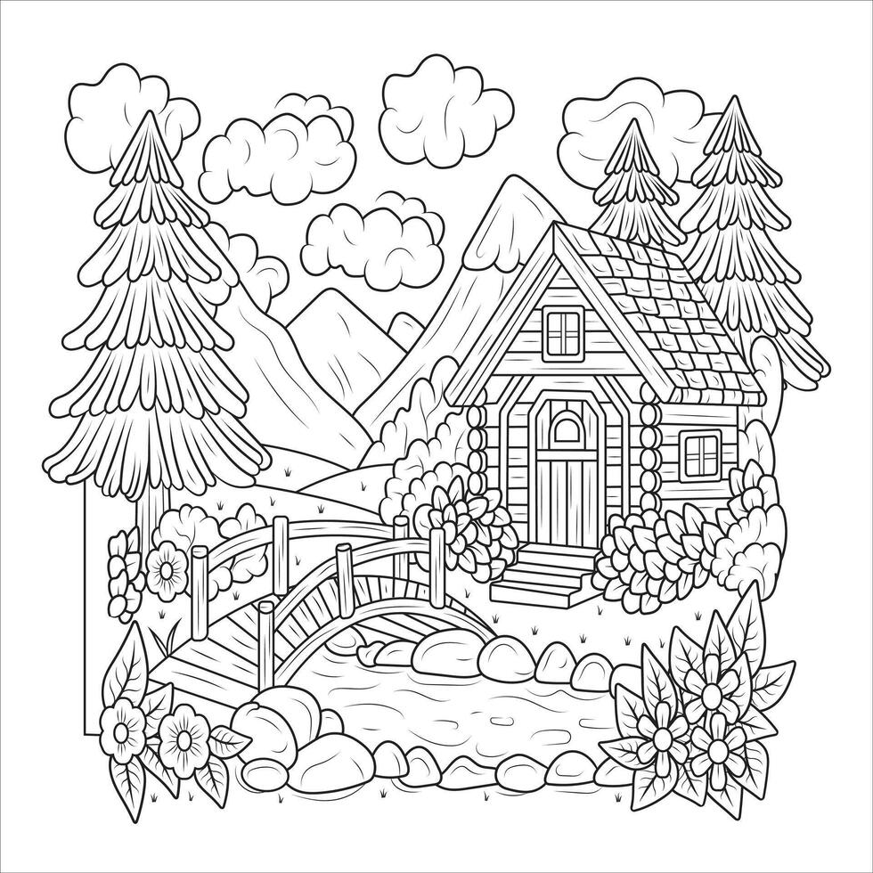 Cozy Log Cabin with Bridge and Mountain View Coloring Page vector