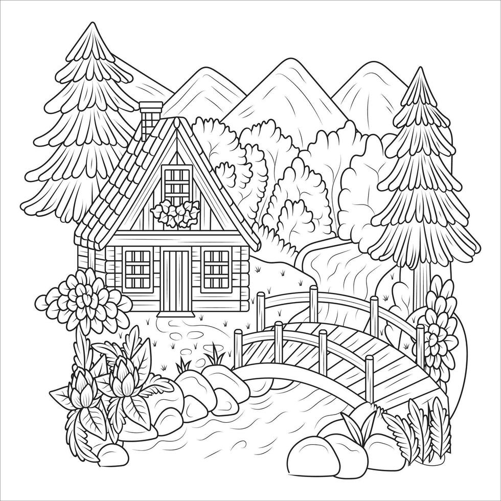 Charming Cottage with Wooden Bridge and Mountain View Coloring Page vector