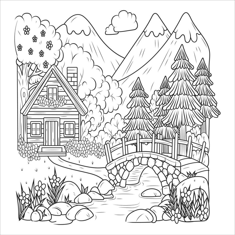 Cozy Cottage with Stone Bridge in Nature Coloring Page vector