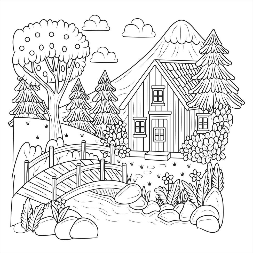 Peaceful Countryside Cottage with Wooden Bridge Coloring Page vector