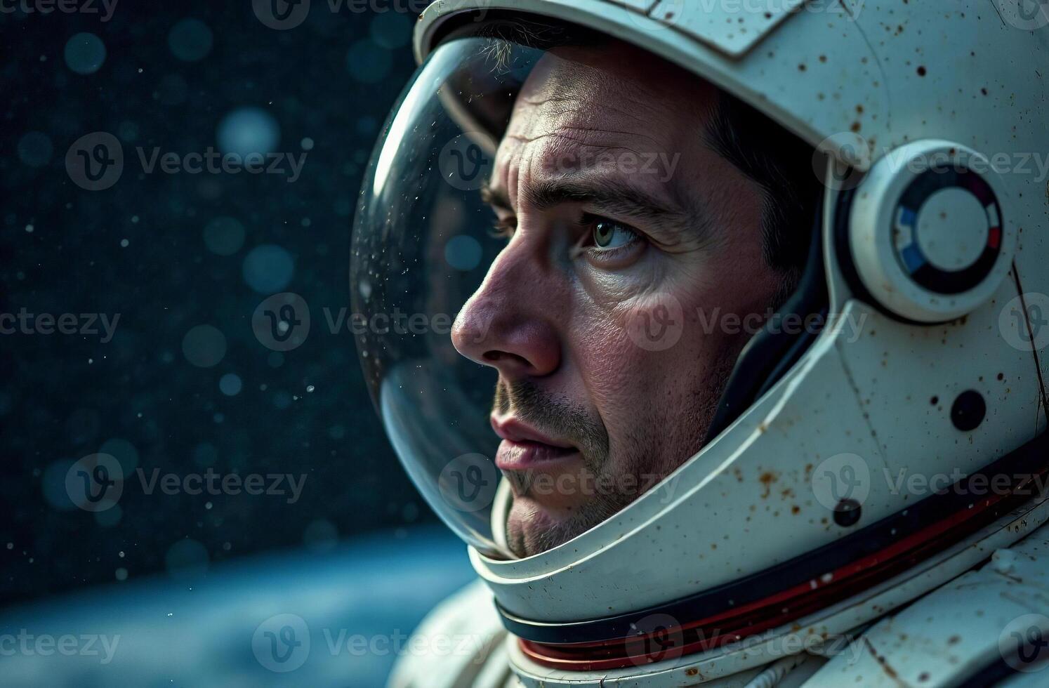 Portrait shadowy man astronaut in spacesuit helmet background of cosmos photo