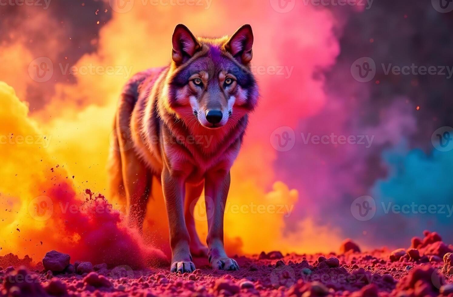 Animal wolf sprayed colorful colors holi, Indian spring festival photo