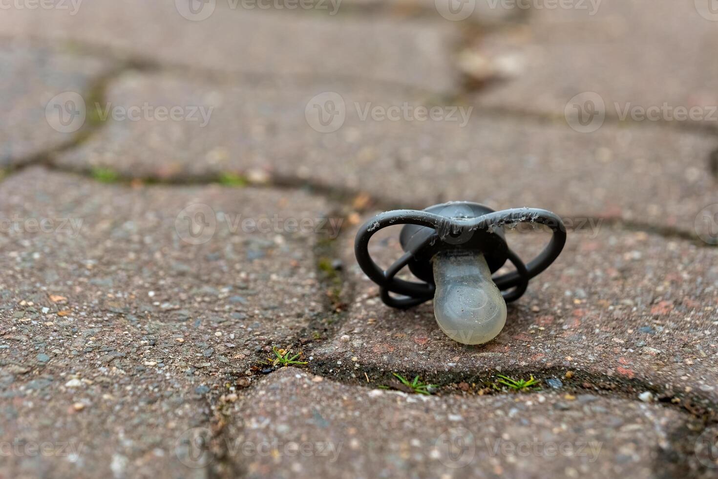 Black pacifier dropped on pavement near grass during a calm afternoon in an urban park setting photo