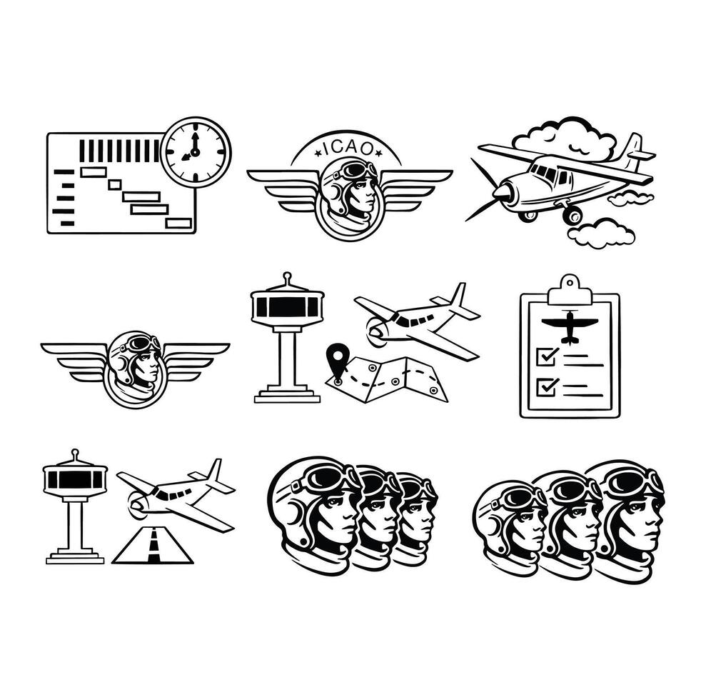 linear monochrome icon set for aviation, airplane pilots airports lines simple vector