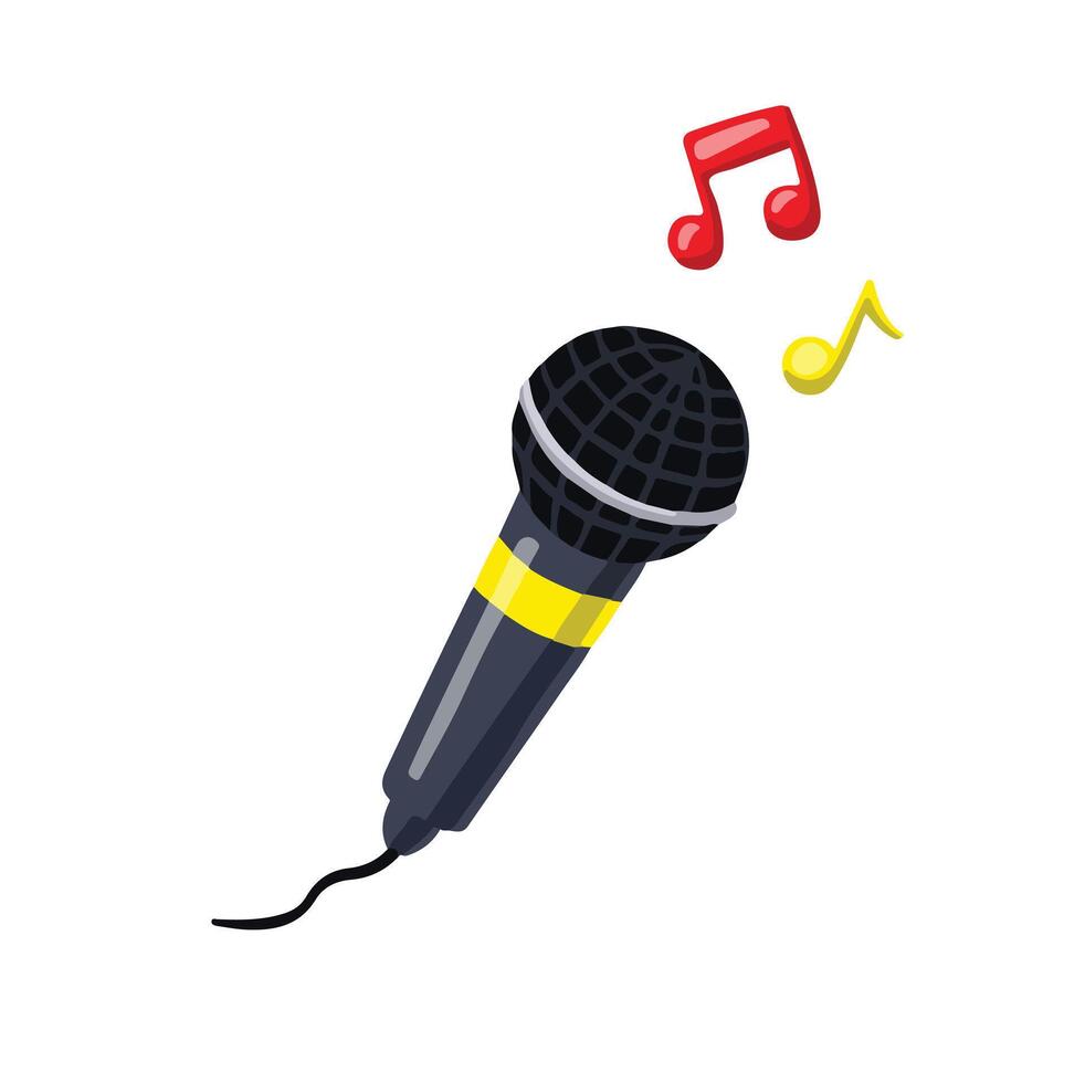 Vocal performance symbol colored microphone with notes, hand drawn illustration vector