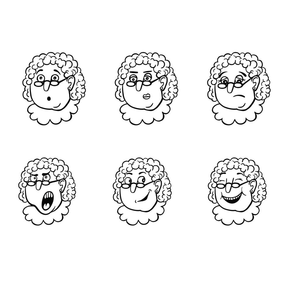 set of emotions stickers avatars granny line vector