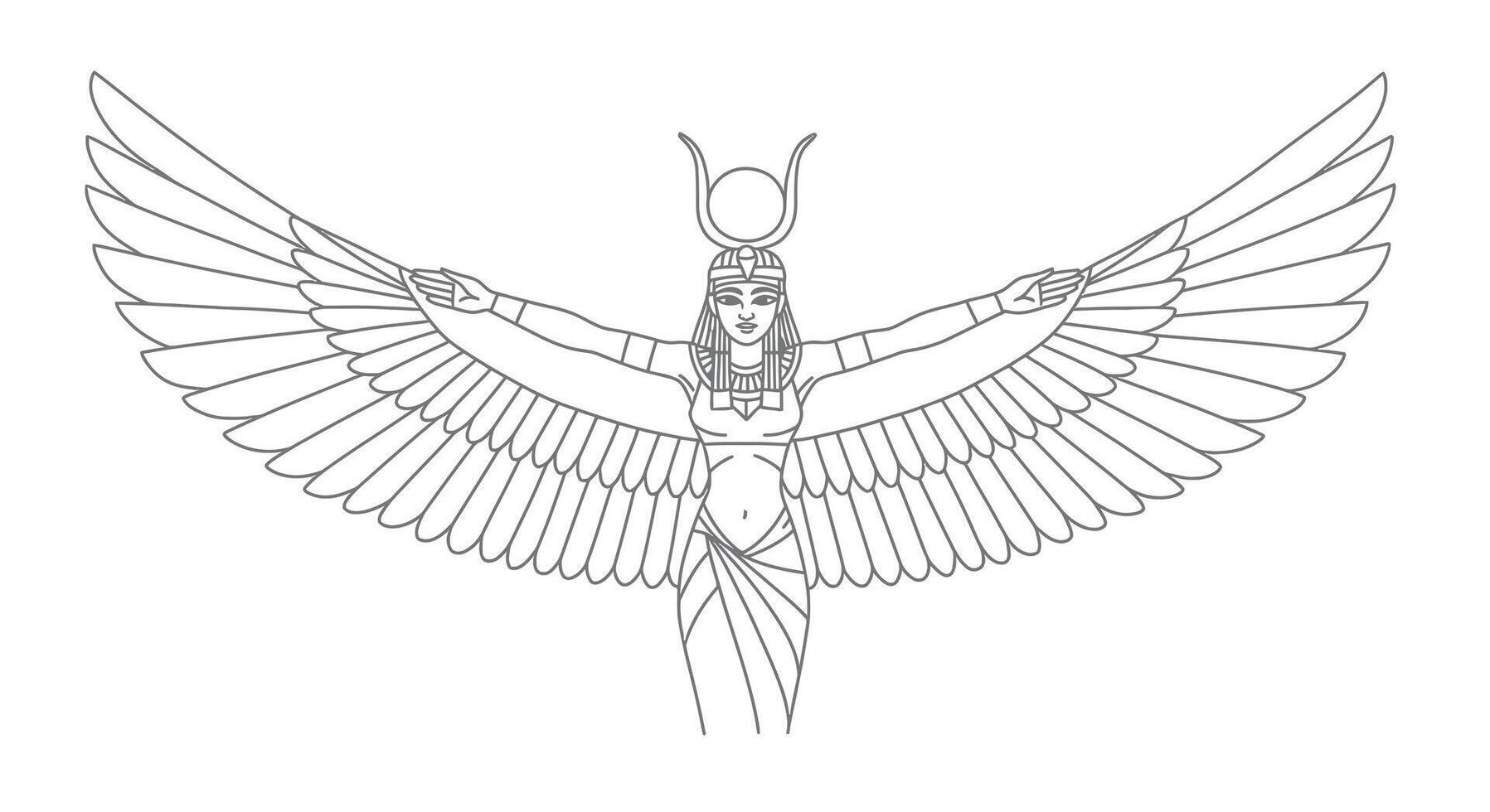 Coloring Page Featuring Isis the Goddess of Magic With Her Outstretched Wings vector