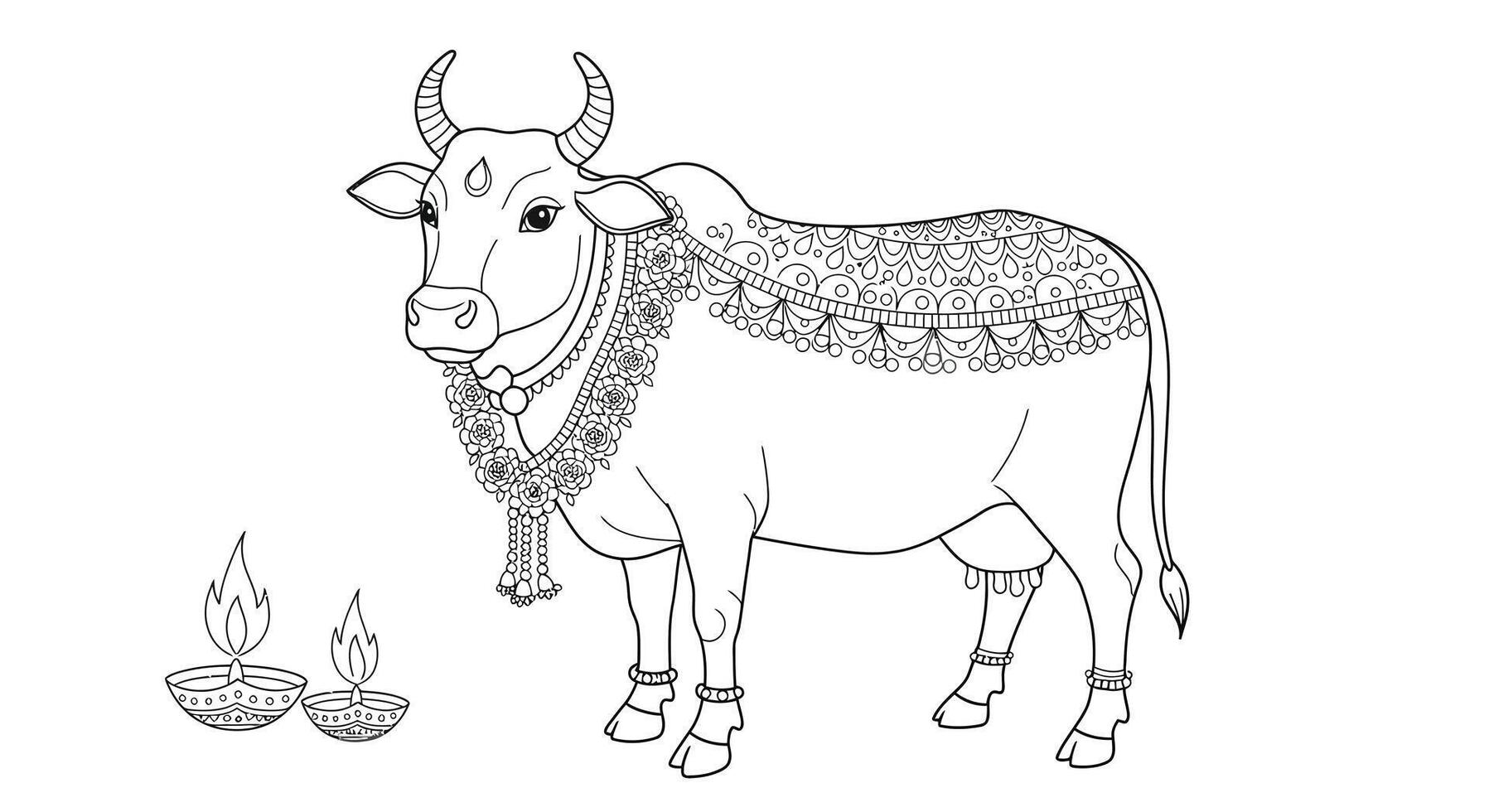 A cow with a necklace and a candle in its mouth vector