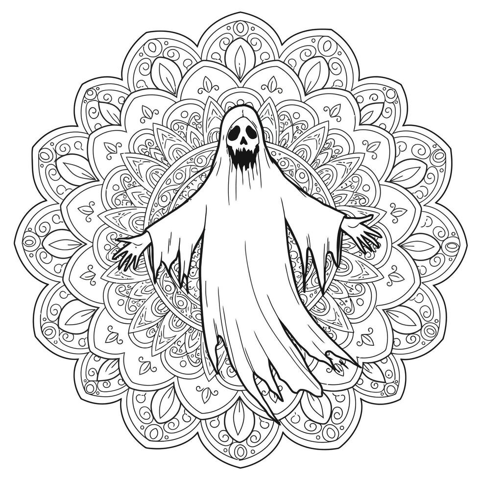 A ghost with a skull on the front of it coloring page vector