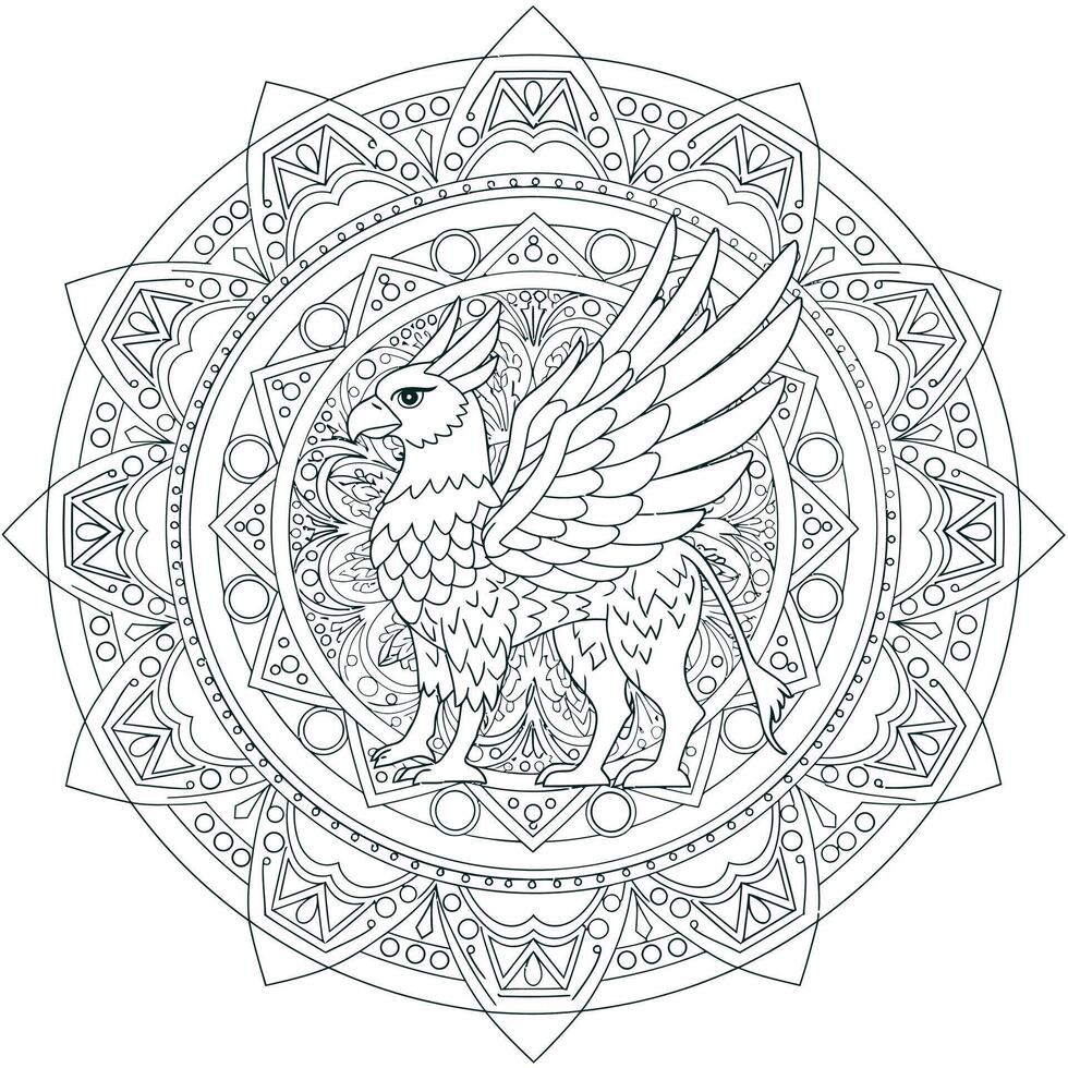 An ornate bird with wings is in the center of a circle vector