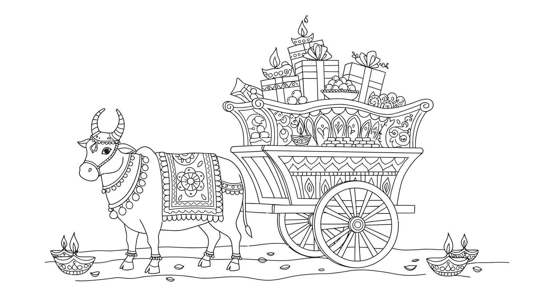 Decorated bullock cart carrying Diwali sweets and gifts with simple yet beautiful details for easy colorin vector