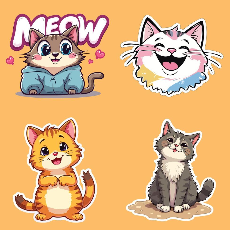 Happy Smiling Cute Cat Sticker Set vector