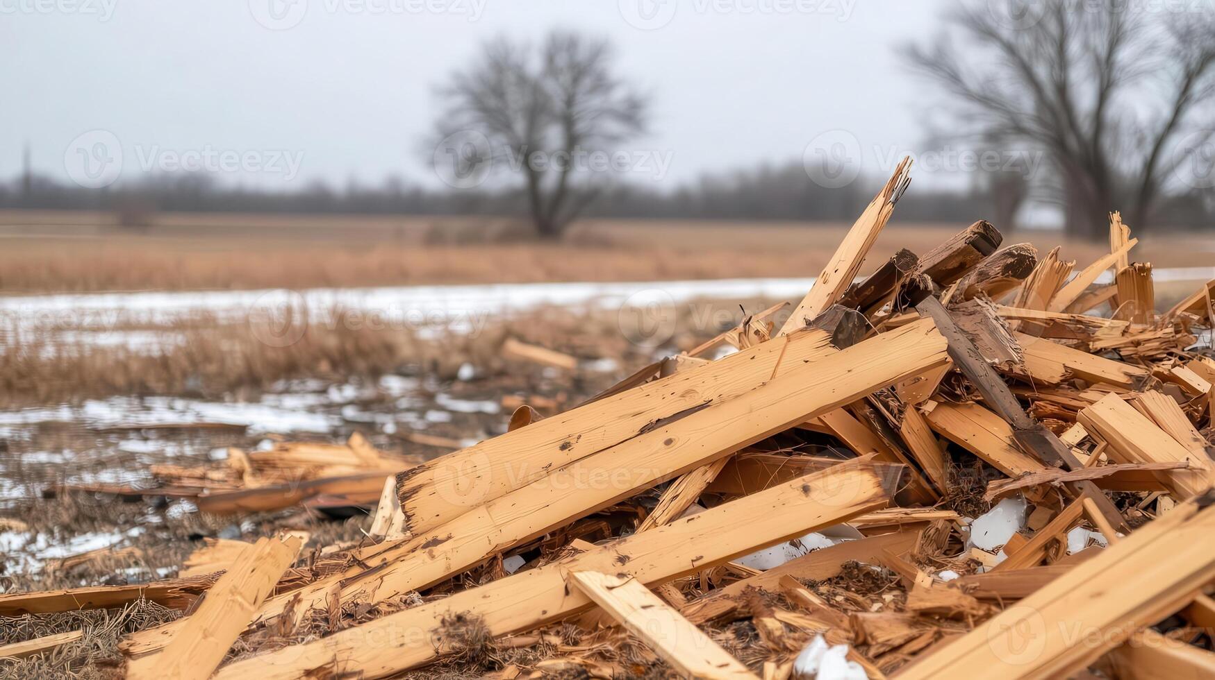 Collapsed barn in a rural field after a violent tornado, broken wood and twisted metal scattered across the landscape photo