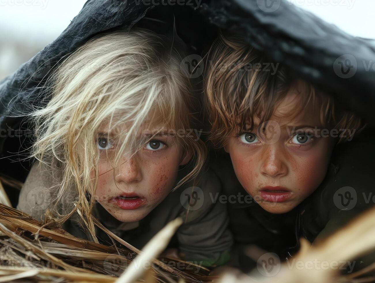 Children hiding under a sturdy table as a tornado approaches, a sense of fear and urgency in their expressions photo