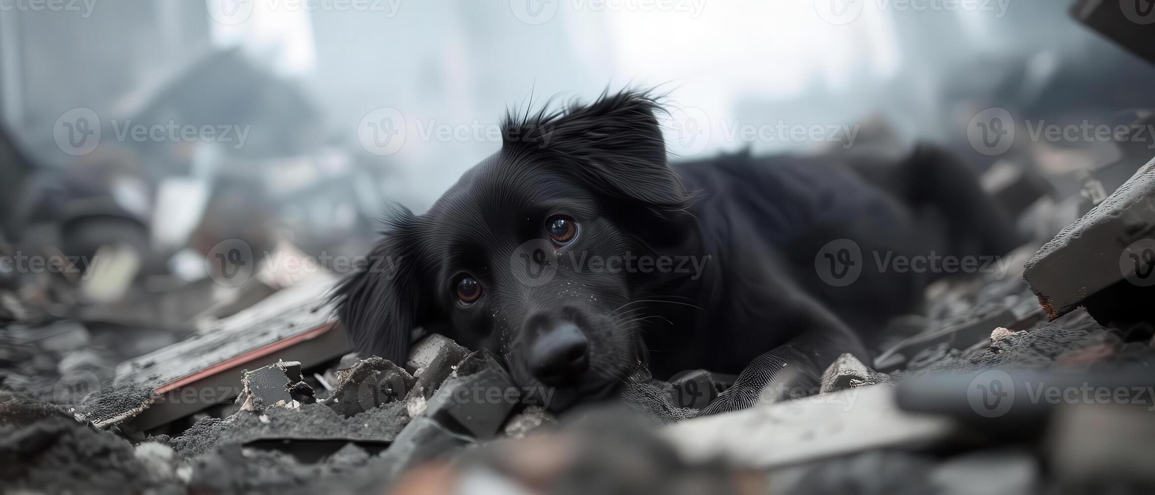 A black dog laying on the ground in a pile of rubble photo