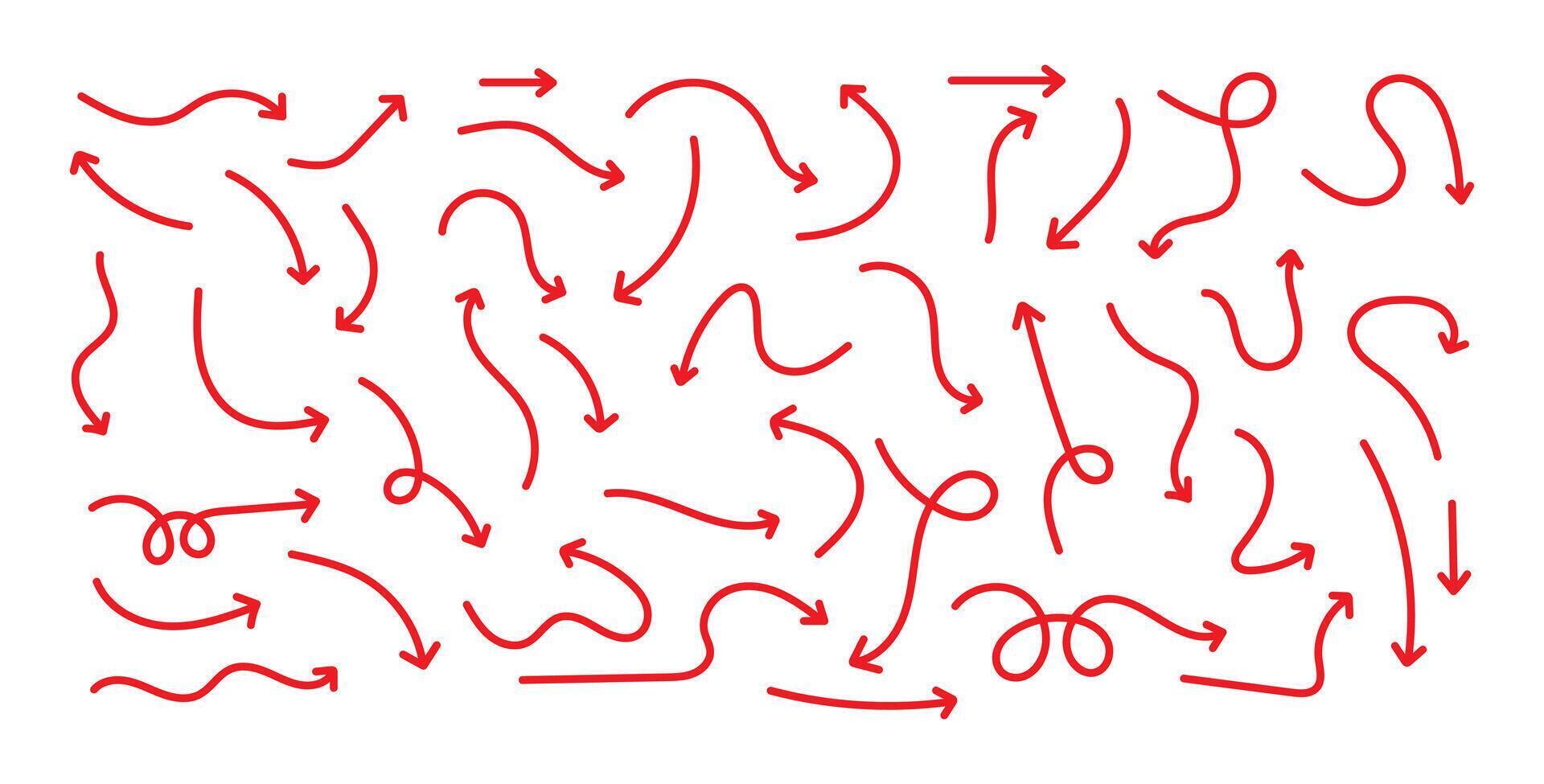 Set of simple lines hand drawn red arrows in various style. Set of simple of hand drawn red arrows vector