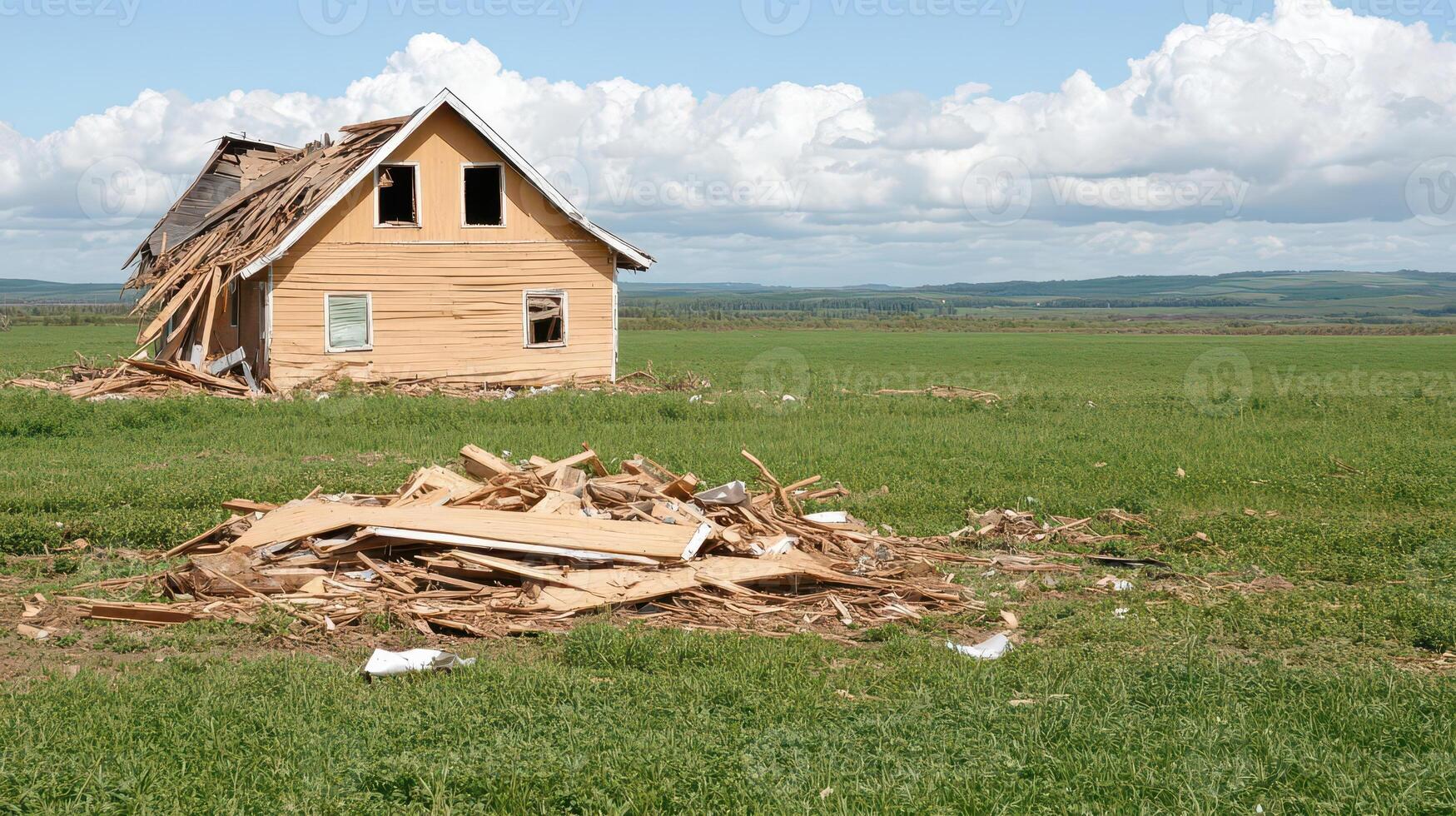 The collapsed barn in the rural field bore the aftermath of a violent tornado, with broken wood and twisted metal strewn across the landscape. photo