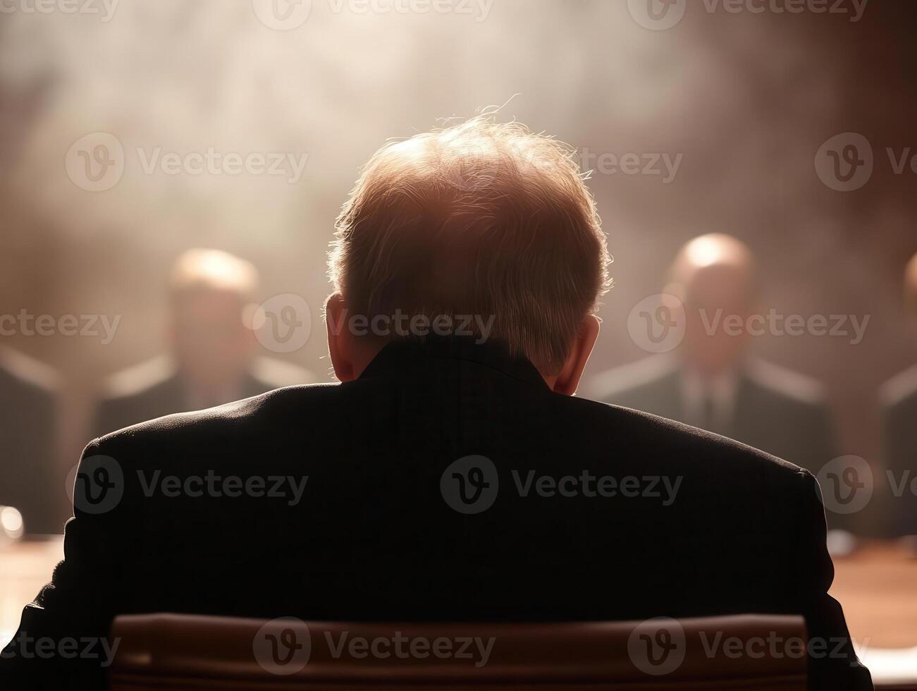 A secret diplomatic meeting in a dimly lit room, high-profile leaders discussing classified war strategies, creating an intense and suspenseful atmosphere. photo