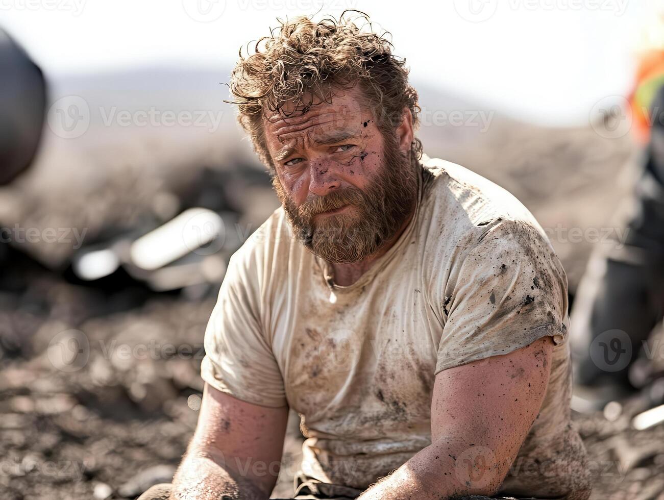 A man with a beard sitting in the dirt photo