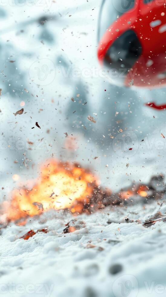 A helicopter flying over a fire in the snow photo