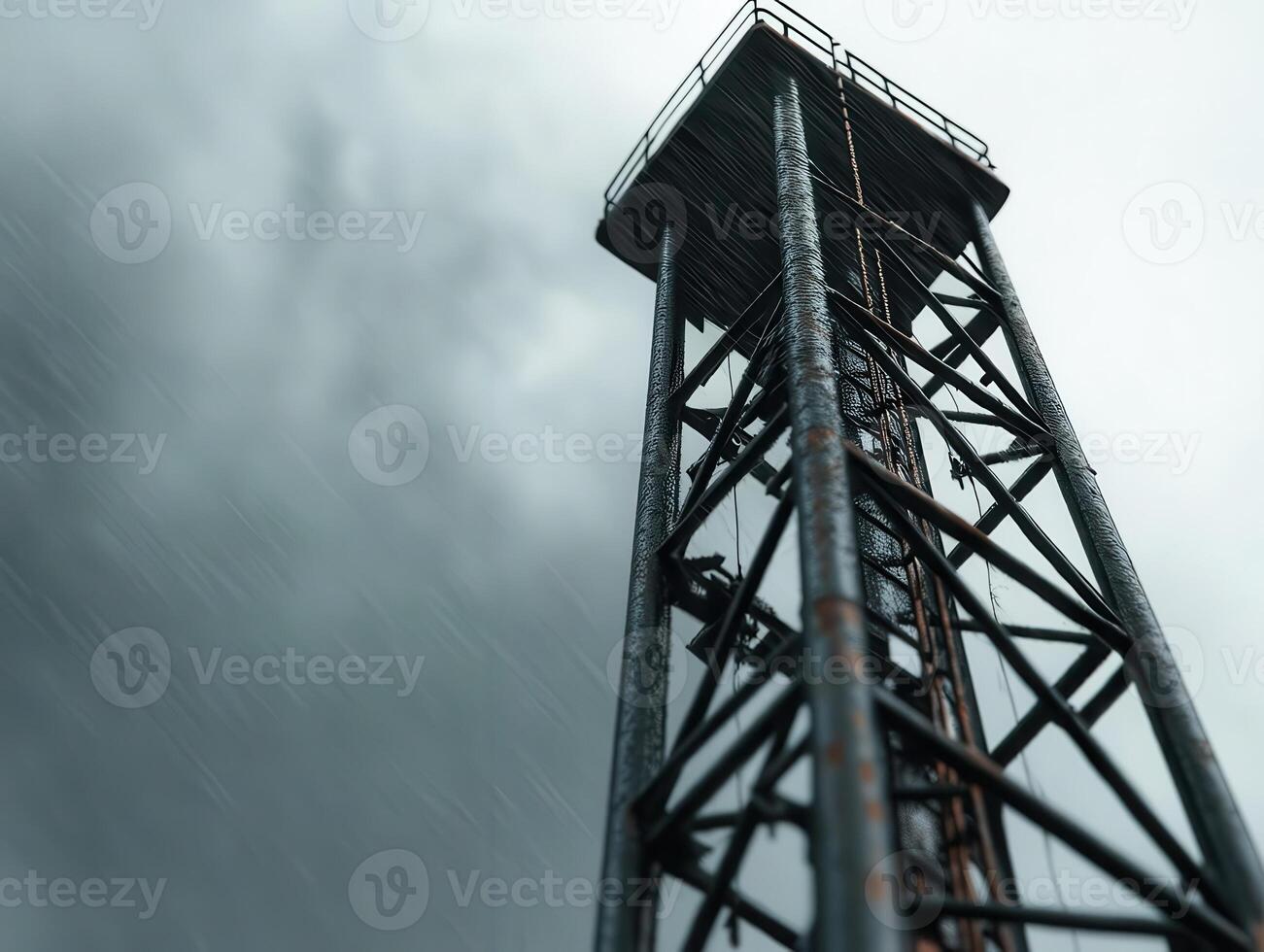The tornado siren tower stood tall against the stormy sky, with dramatic lighting highlighting its importance in emergency preparedness. photo