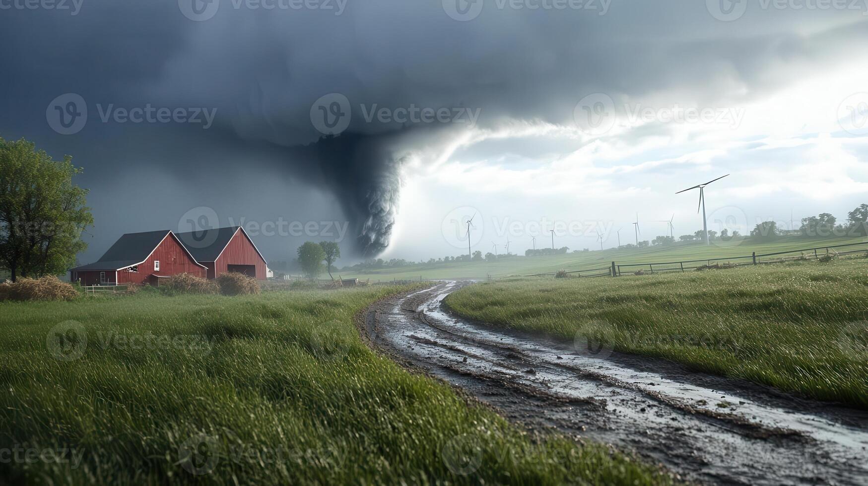 A twister rips through the countryside, barns crumble, wind turbines battle the raging storm. photo