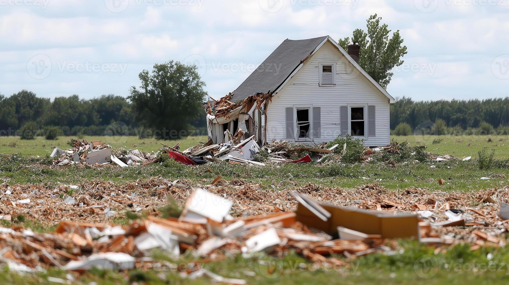 A house is surrounded by debris in a field photo