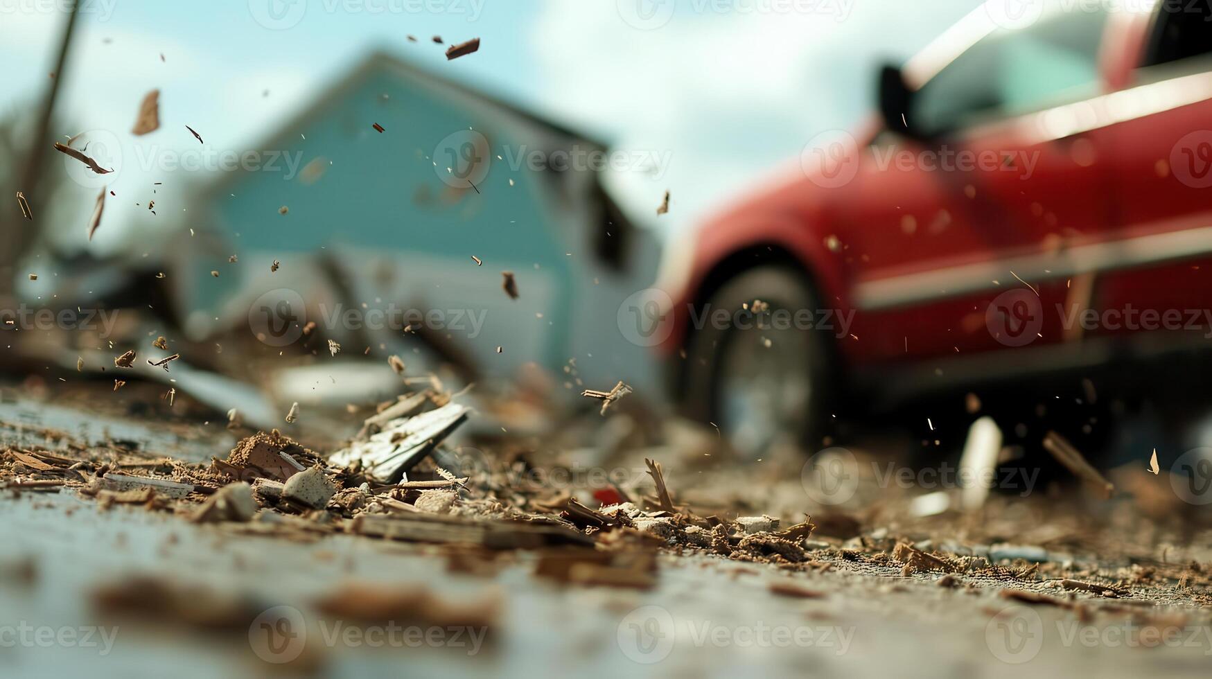 A tornado tore through a small town, causing damage to houses and vehicles with debris swirling in the violent winds. photo