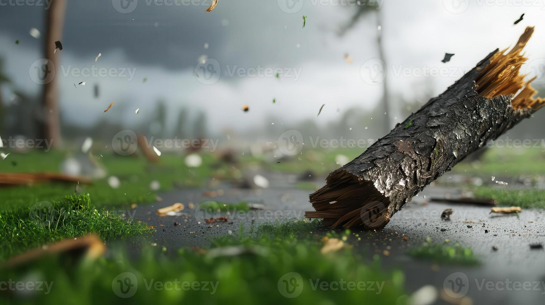 Tree snapped in half by extreme winds, debris flying through the air as a tornado looms in the distance, causing chaos and destruction. photo