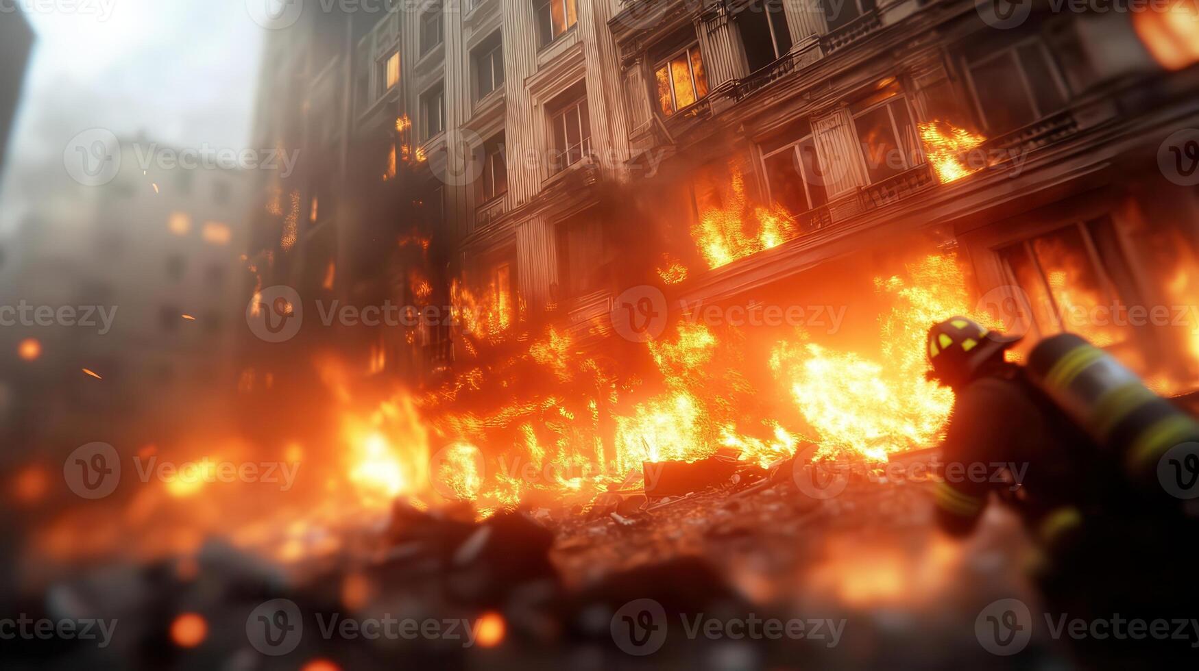 Firefighters battling a blazing building, flames illuminating their determined faces as they bravely work to control the hose. photo