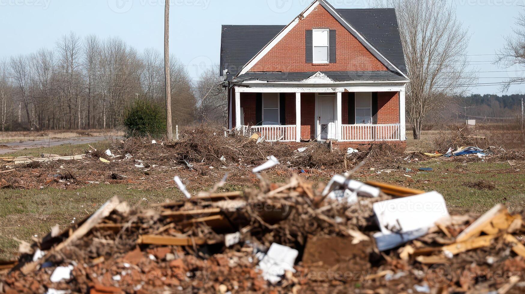 A powerful reminder of nature's unpredictability, debris scattered all around after a tornado narrowly missed the farmhouse. photo