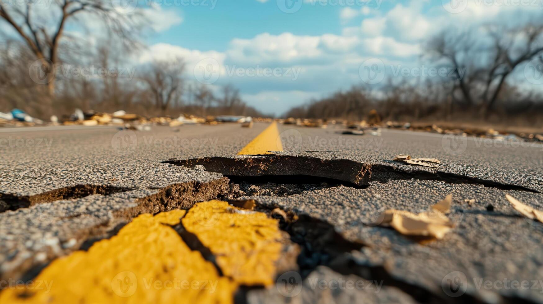 Torn-up road with cracks and debris left in the wake of a powerful twister, eerie silence after the storm settled over the devastated landscape. photo