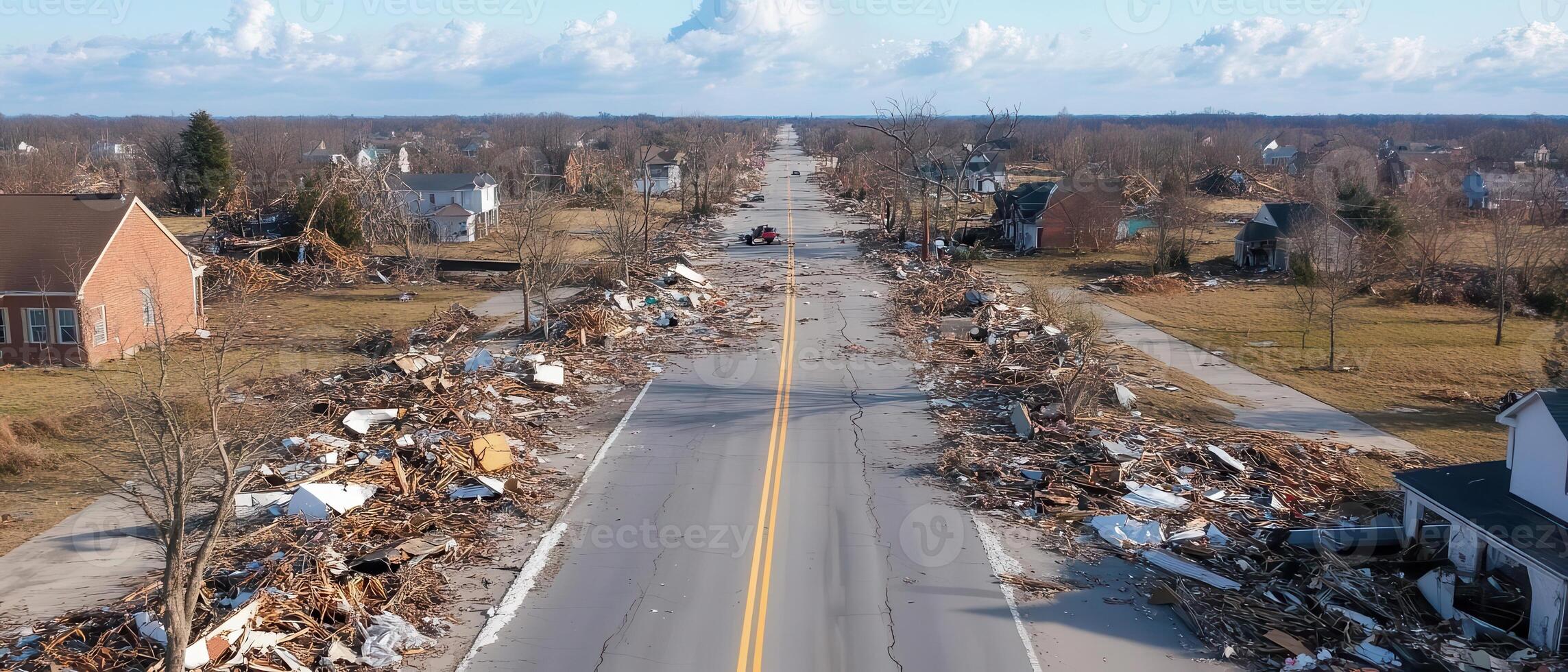 From a helicopter aerial perspective, we witness the tornado's trail that spans miles, showcasing the immense devastation in its wake. photo