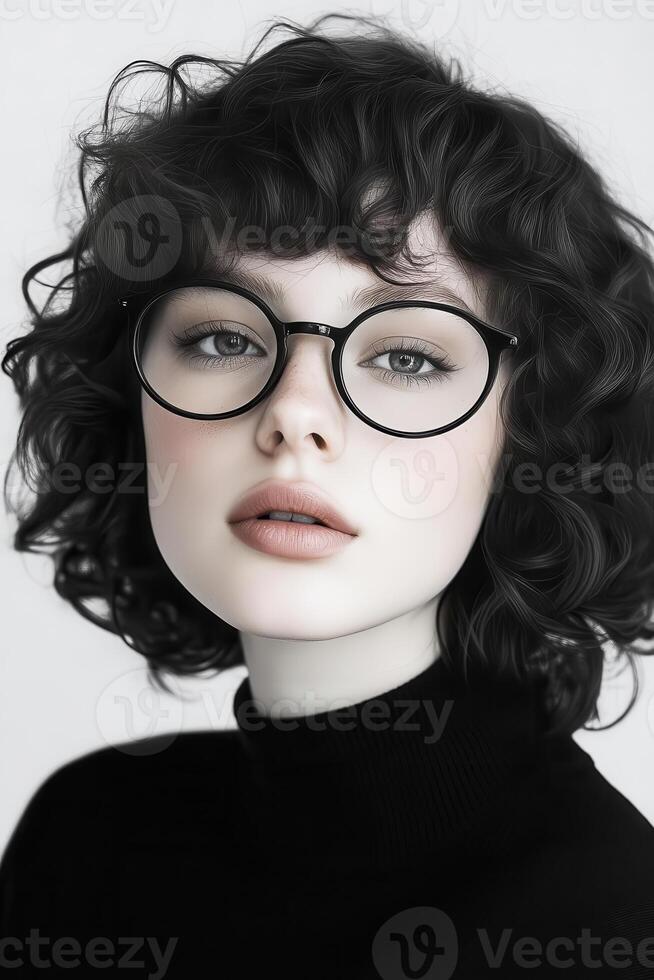 Desaturated fashion portrait with strong shadows, high-contrast monochrome styling, and subtle film grain, creating a striking visual impact. photo