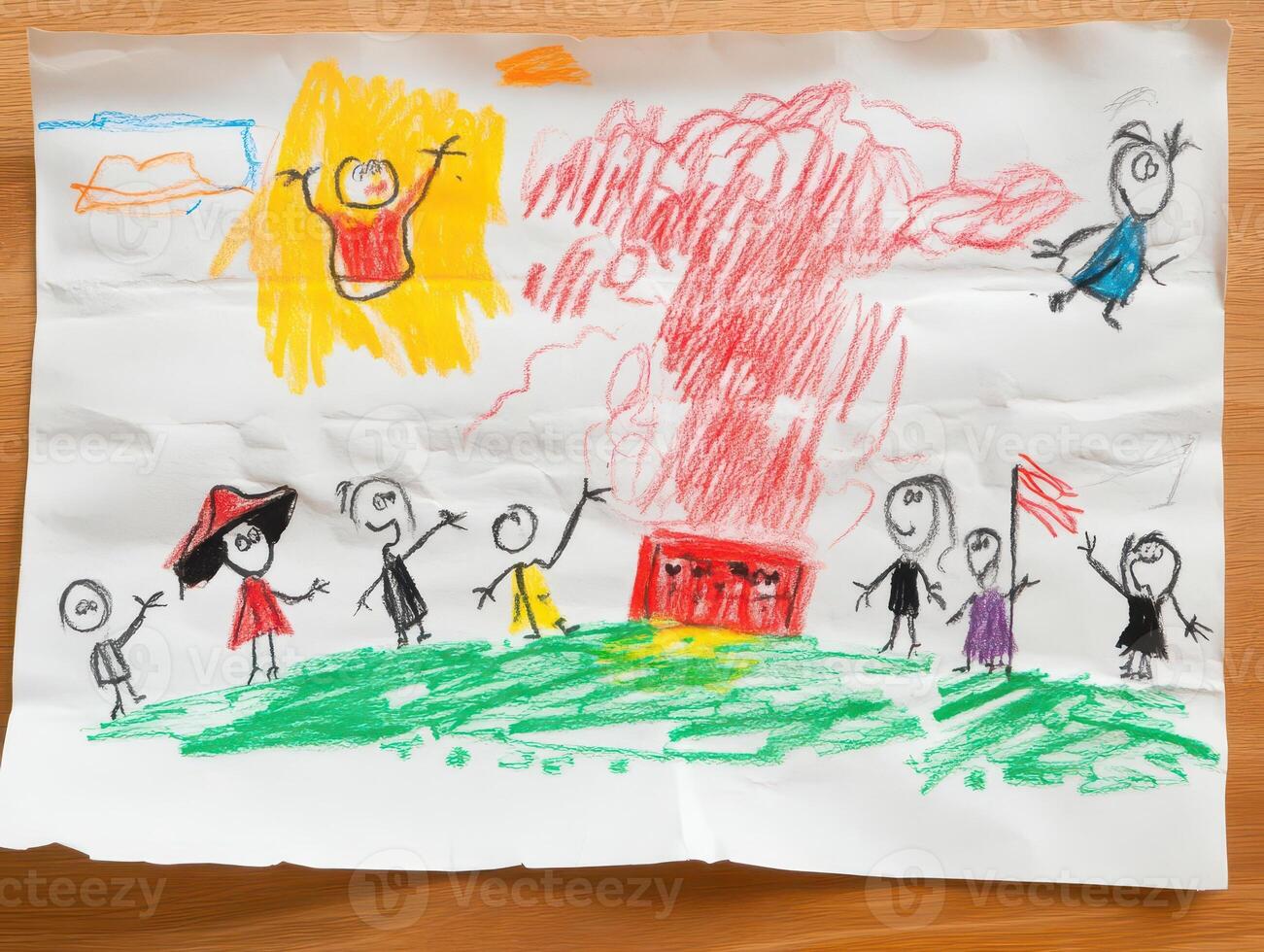 A child's drawing of people and a fire photo
