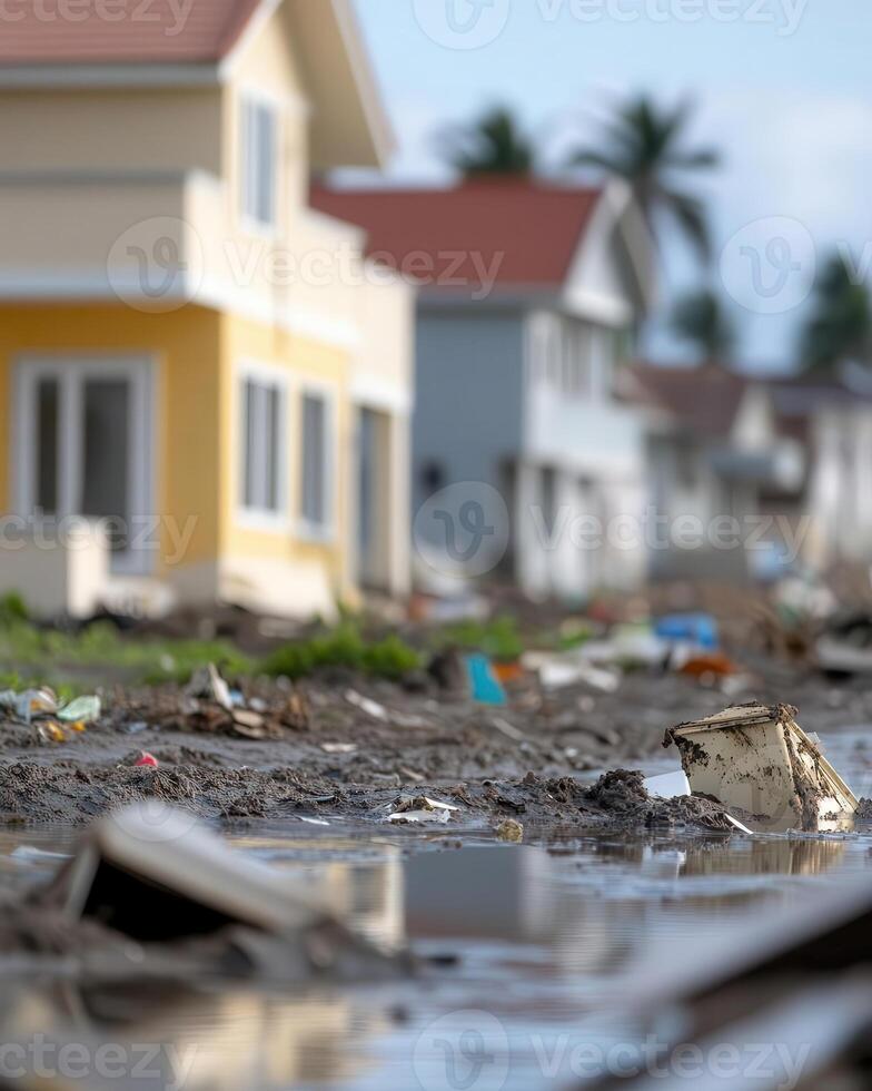 A pile of debris in front of a house photo
