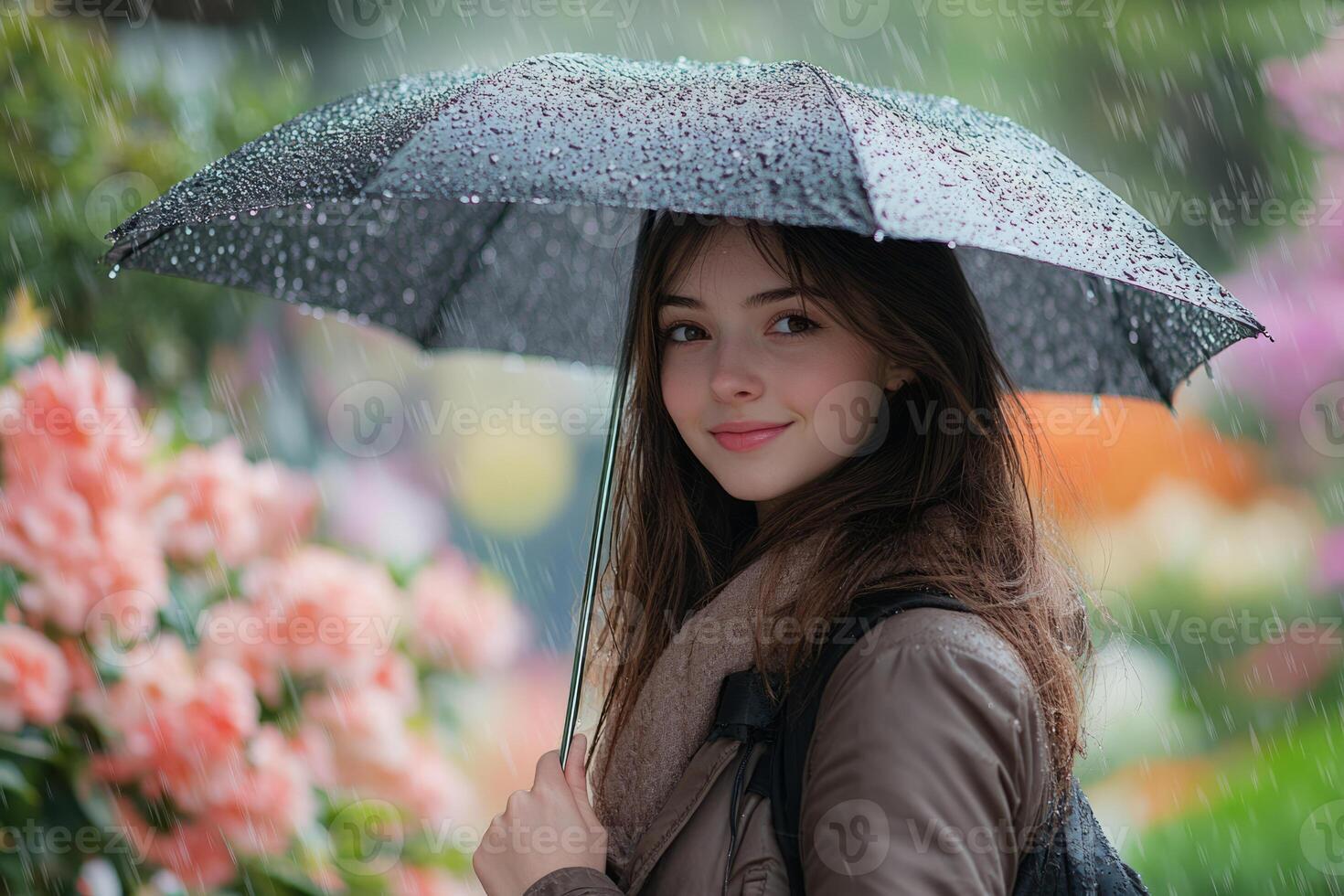 Smiling woman holding umbrella in rainy garden photo