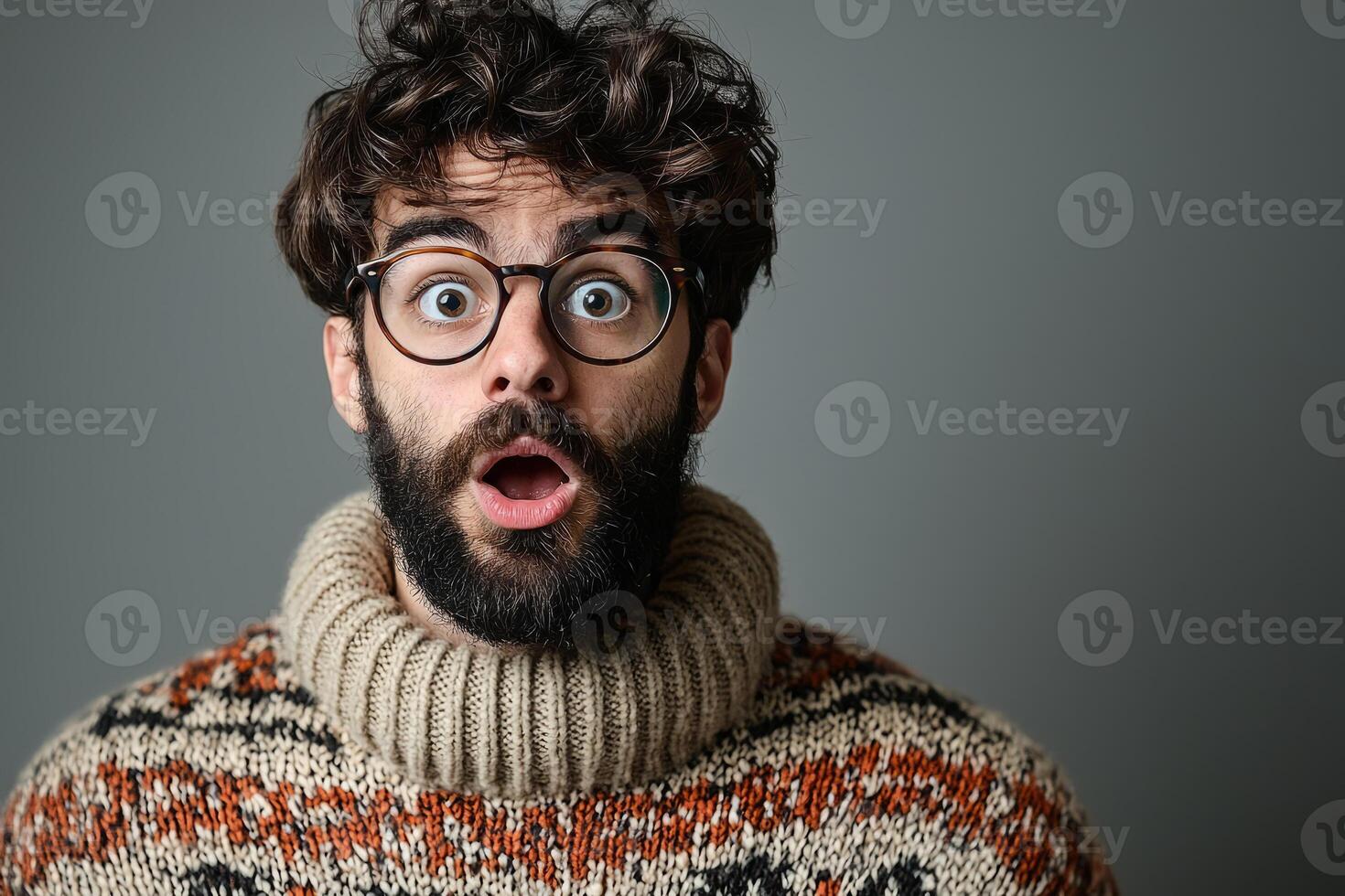 Surprised Man in Glasses Wearing Cozy Sweater photo