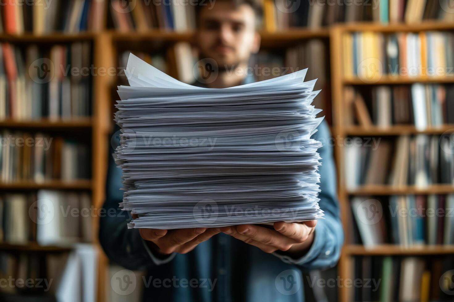 Man Holds Stack of Paper in Library photo