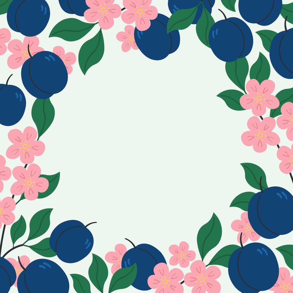 Border label with Plums and flowers in flat style for text. Hand drawn background with oval fleshy fruit blue berry for logo, sign, card, template, print, paper. Fruity harvest, food, orchard vector